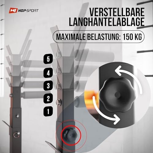 Hop-Sport Hantelbank Klappbar, Multifunktional Trainingsbank mit Langhantel-Ablage und Dip Station, Ideal für Bauchtrainer, Krafttraining & Fitness Zuhause - Max. Belastbarkeit 250 kg