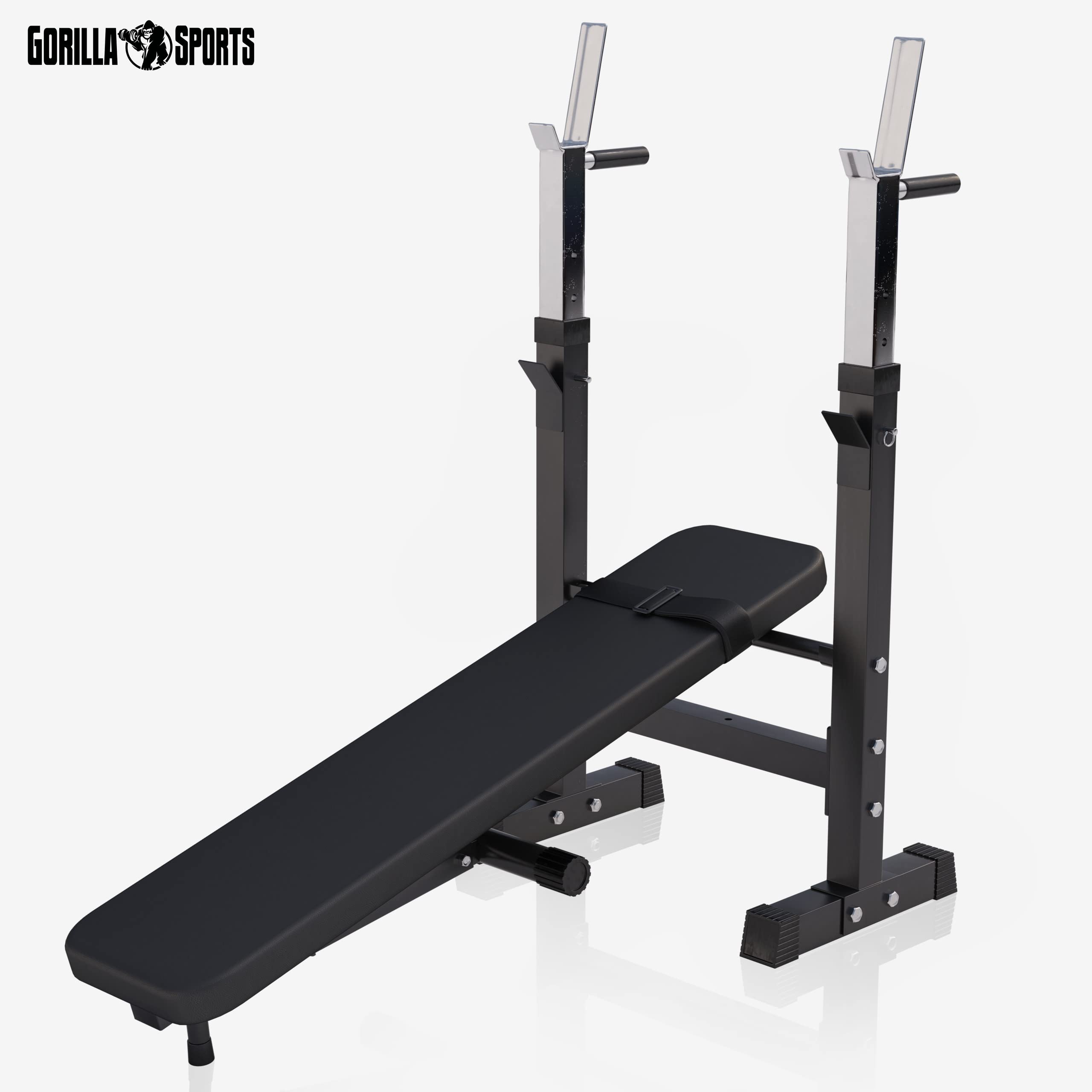 GORILLA SPORTS® Hantelbank mit Ablage - Dip-Station, Verstellbare Höhe und Neigungswinkel, Klappbar, bis 200 kg, Schwarz oder Weiß - Drückerbank, Flachbank, Multifunktion, Trainingsbank