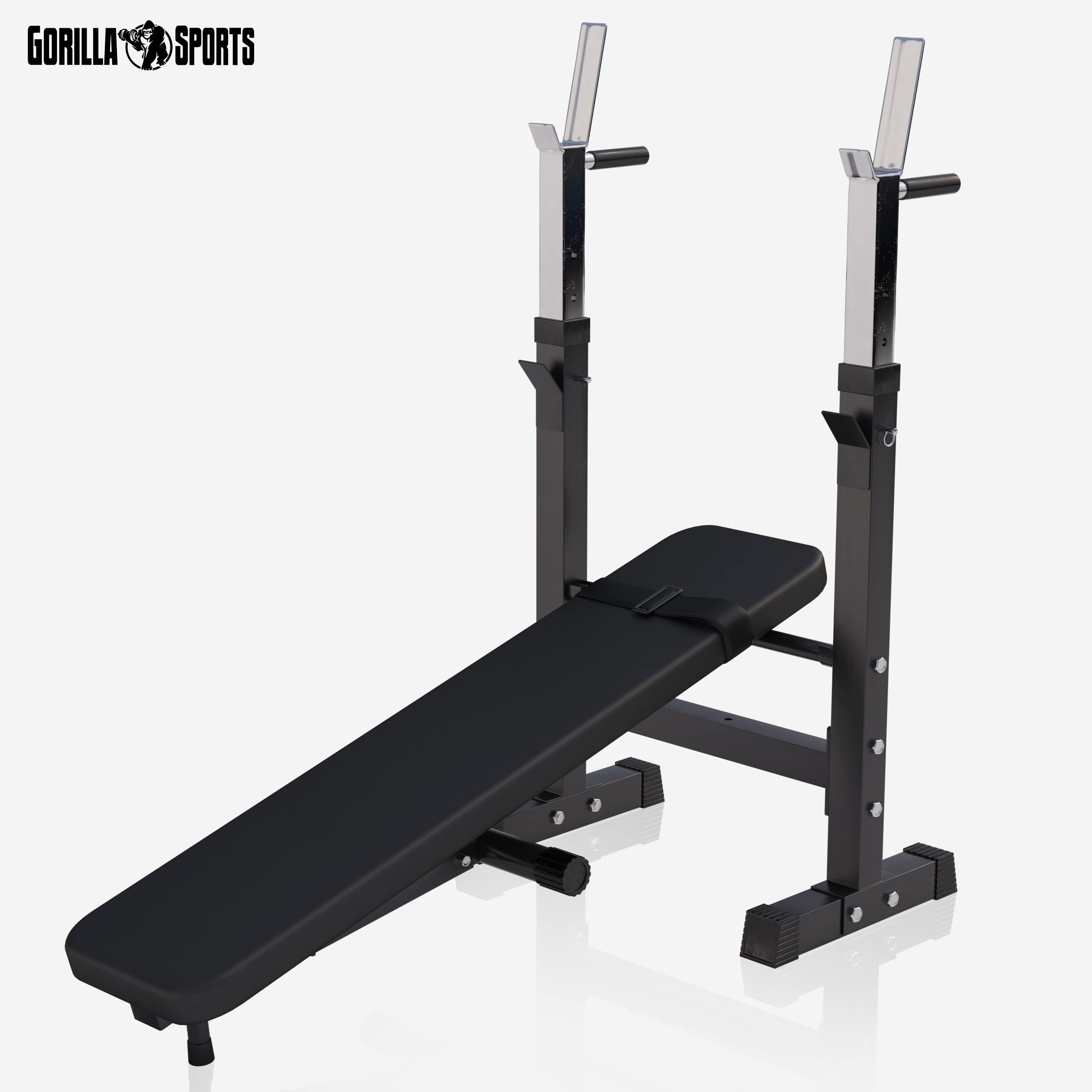 GORILLA SPORTS® Hantelbank - inkl. Hantelset 38/70/100kg, Ablage, Dip-Station, Höhenverstellbar, Klappbar, bis 200kg, Schwarz/Weiß - Trainingsbank mit Langhantelset, Drückerbank, Schrägbank, Flachbank