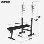 GORILLA SPORTS® Hantelbank - inkl. Hantelset 38/70/100kg, Ablage, Dip-Station, Höhenverstellbar, Klappbar, bis 200kg, Schwarz/Weiß - Trainingsbank mit Langhantelset, Drückerbank, Schrägbank, Flachbank
