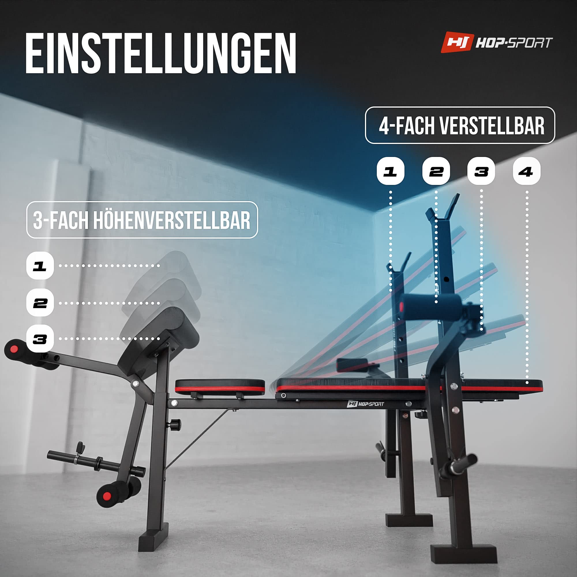 Hop-Sport Hantelbank mit Gewichten HS-1055, klappbare Trainingsbank mit Curlpult, Butterfly und Beincurler Inkl. 38 kg - 129,5 kg Hanteln Set