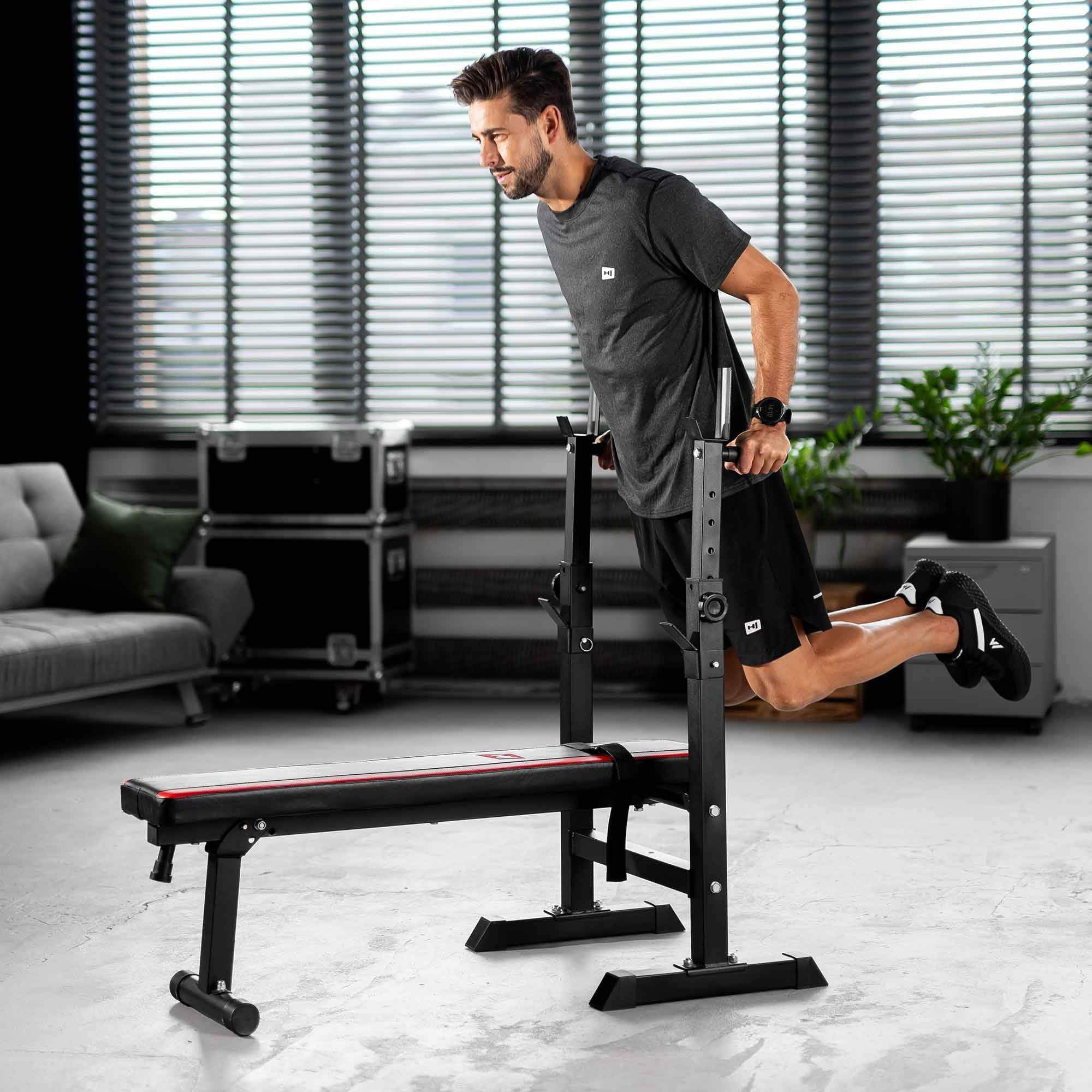 Hop-Sport Hantelbank Klappbar, Multifunktional Trainingsbank mit Langhantel-Ablage und Dip Station, Ideal für Bauchtrainer, Krafttraining & Fitness Zuhause - Max. Belastbarkeit 250 kg