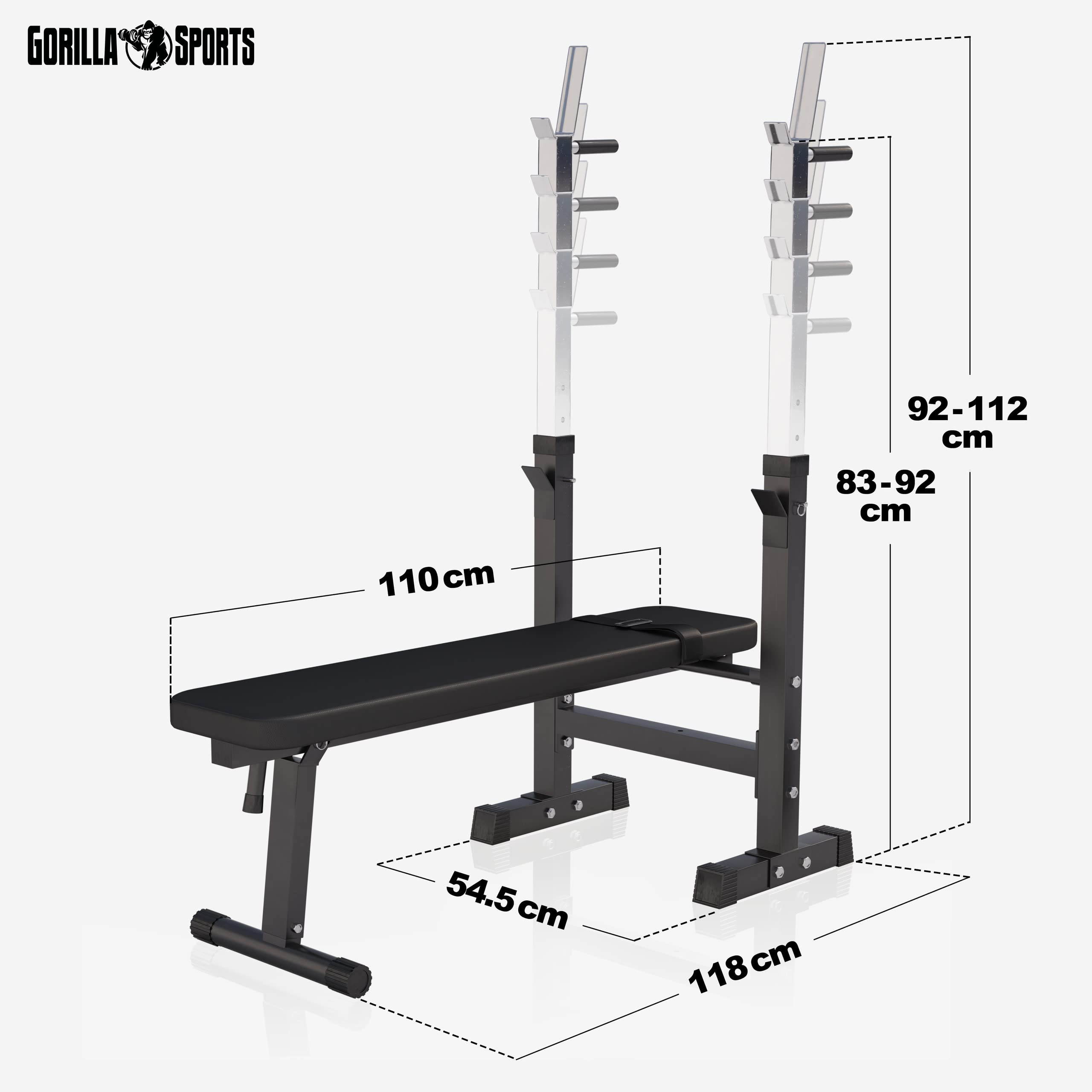 GORILLA SPORTS® Hantelbank mit Ablage - Dip-Station, Verstellbare Höhe und Neigungswinkel, Klappbar, bis 200 kg, Schwarz oder Weiß - Drückerbank, Flachbank, Multifunktion, Trainingsbank