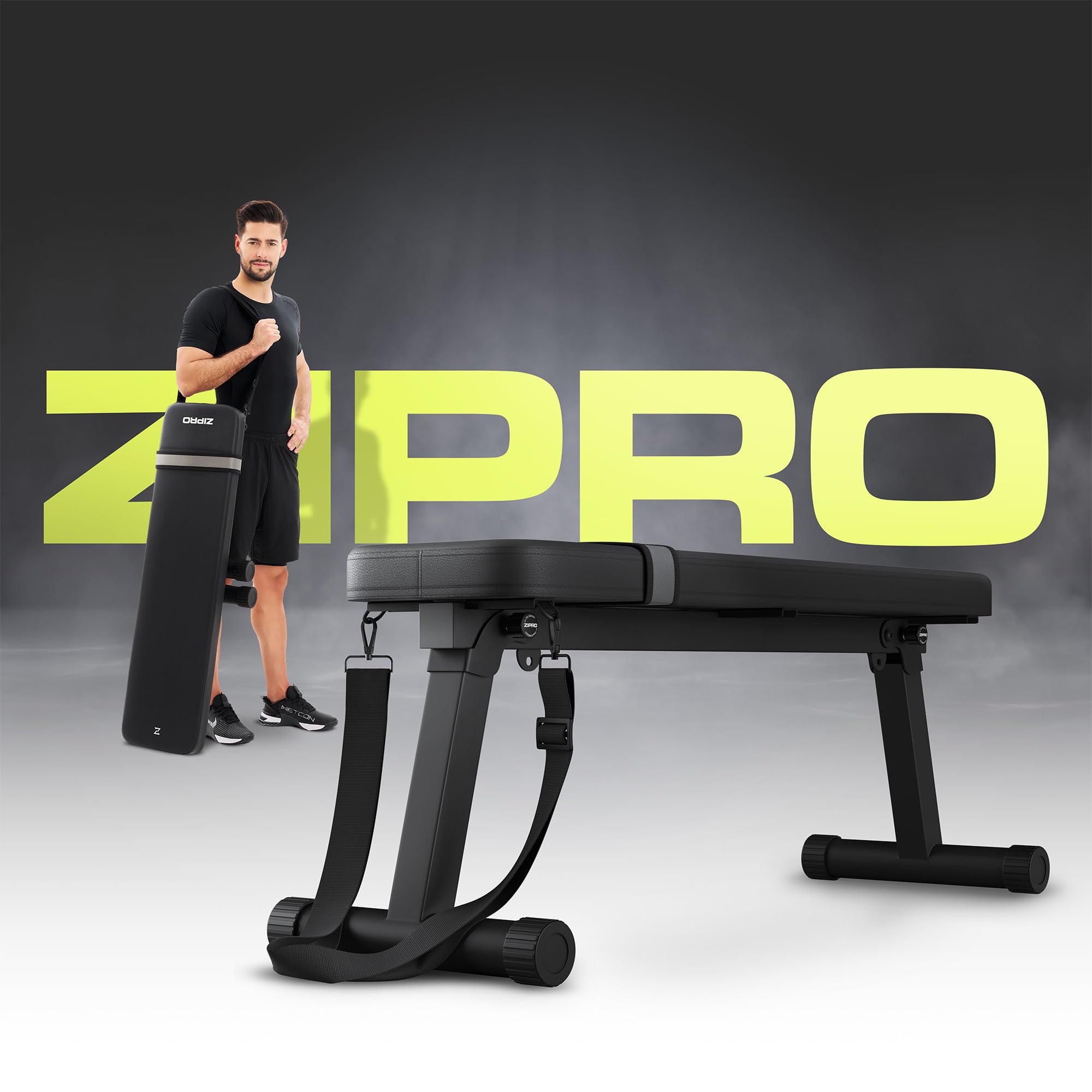 Zipro klappbare Trainingsbank Plank, Flachbank mit Tragegurt und Befestigungsgurt, Belastung 230kg, multifunktionale Hantelbank