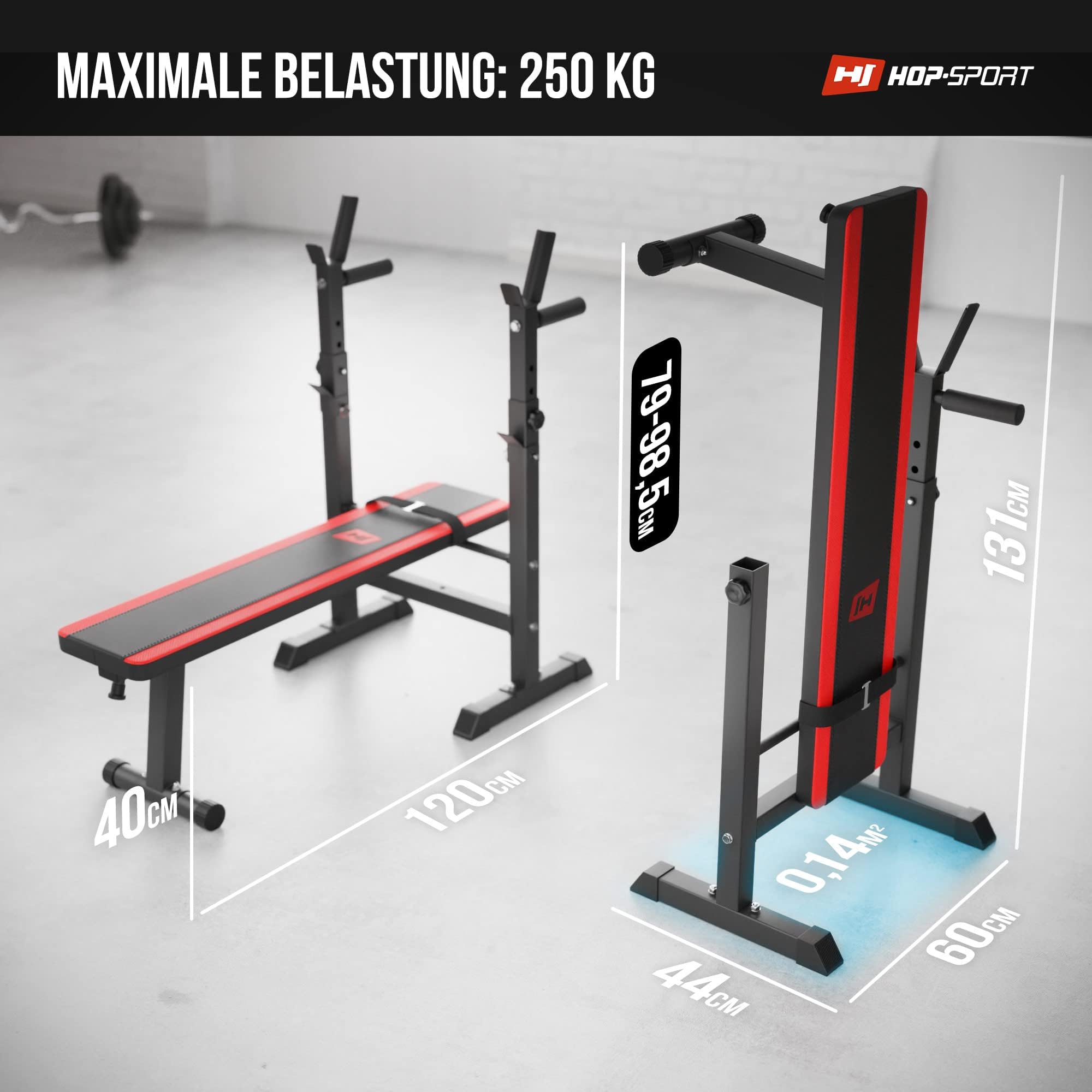 Hop-Sport Hantelbank Klappbar, Multifunktional Trainingsbank mit Langhantel-Ablage und Dip Station, Ideal für Bauchtrainer, Krafttraining & Fitness Zuhause - Max. Belastbarkeit 250 kg
