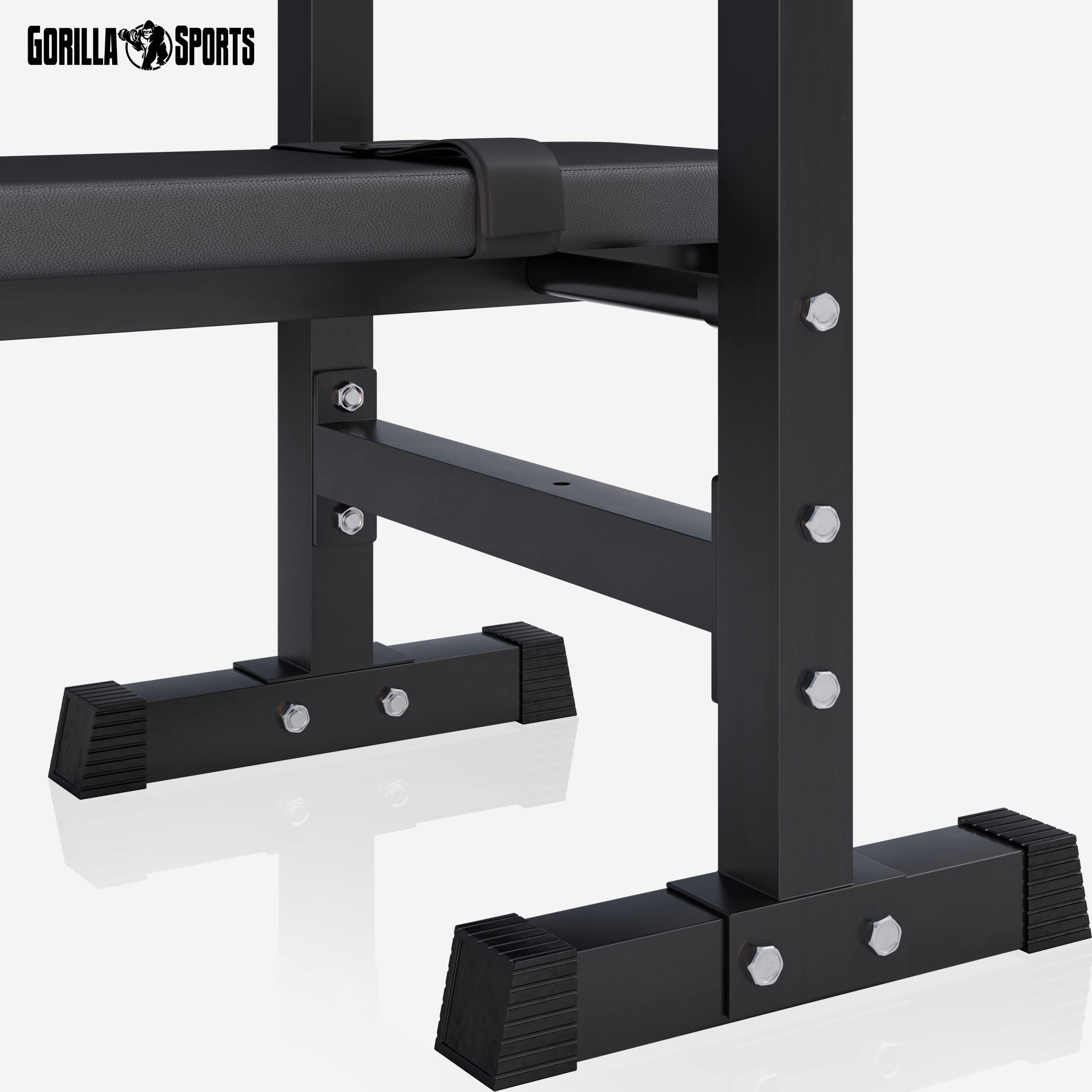 GORILLA SPORTS® Hantelbank mit Ablage - Dip-Station, Verstellbare Höhe und Neigungswinkel, Klappbar, bis 200 kg, Schwarz oder Weiß - Drückerbank, Flachbank, Multifunktion, Trainingsbank