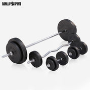 GORILLA SPORTS® Hantelbank - inkl. Hantelset 38/70/100kg, Ablage, Dip-Station, Höhenverstellbar, Klappbar, bis 200kg, Schwarz/Weiß - Trainingsbank mit Langhantelset, Drückerbank, Schrägbank, Flachbank