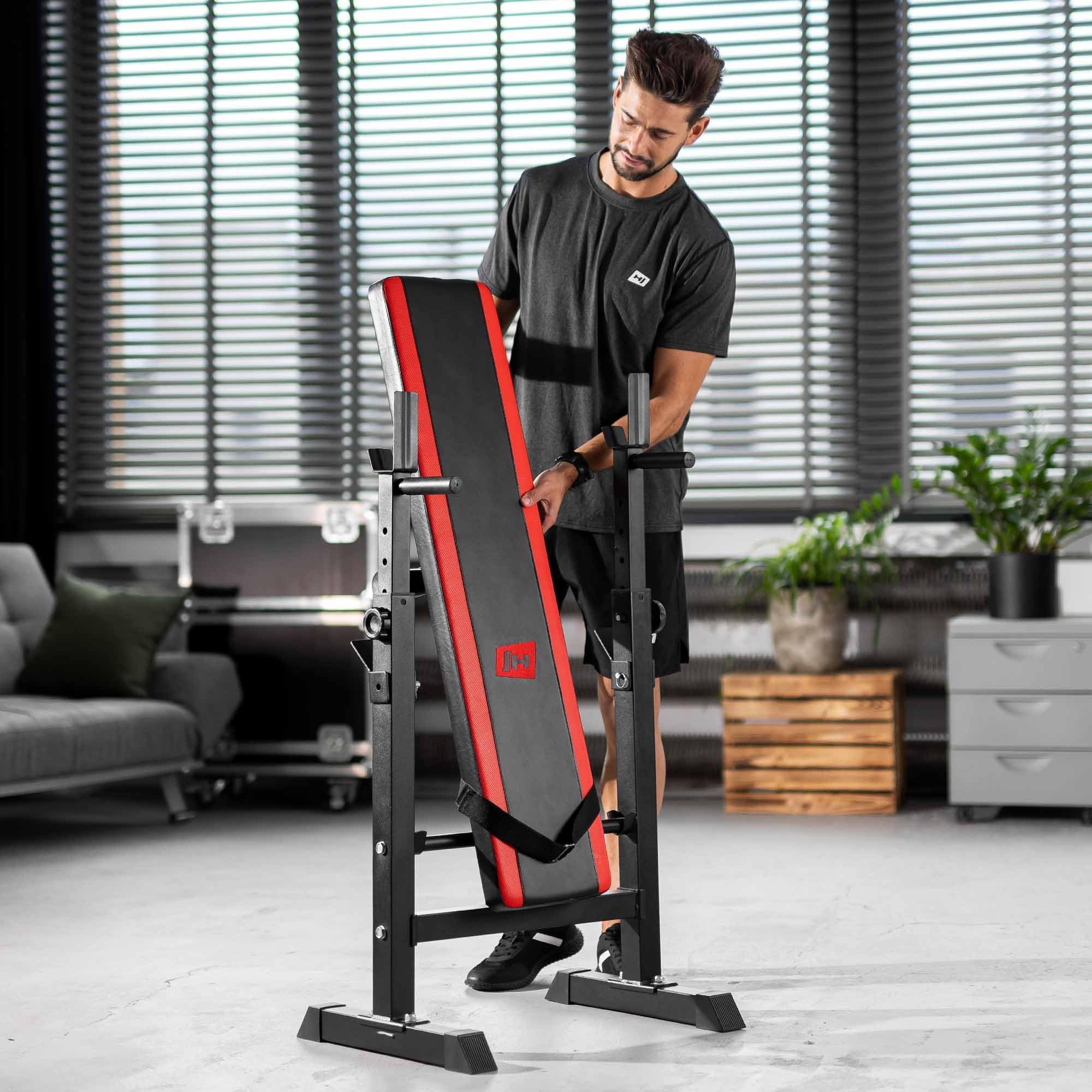 Hop-Sport Hantelbank Klappbar, Multifunktional Trainingsbank mit Langhantel-Ablage und Dip Station, Ideal für Bauchtrainer, Krafttraining & Fitness Zuhause - Max. Belastbarkeit 250 kg