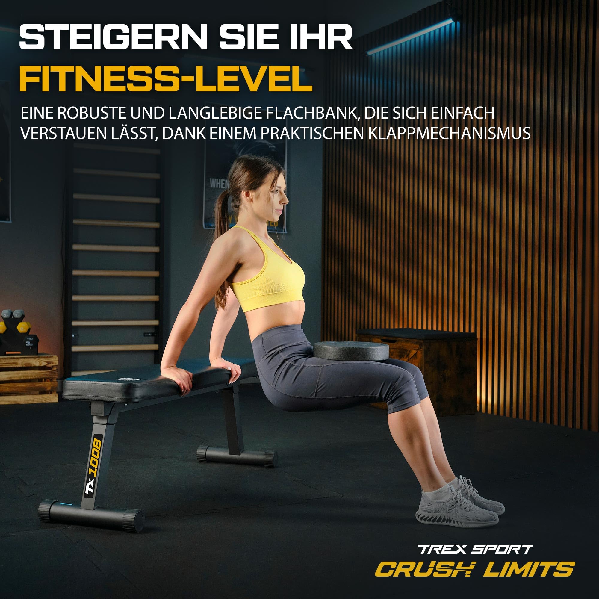 TREX SPORT Flachbank TX-100B | Hantelbank klappbar für Krafttraining | Home Gym Trainingsbank für Bankdrücken | Stahlrahmen, rutschfest, gepolstert