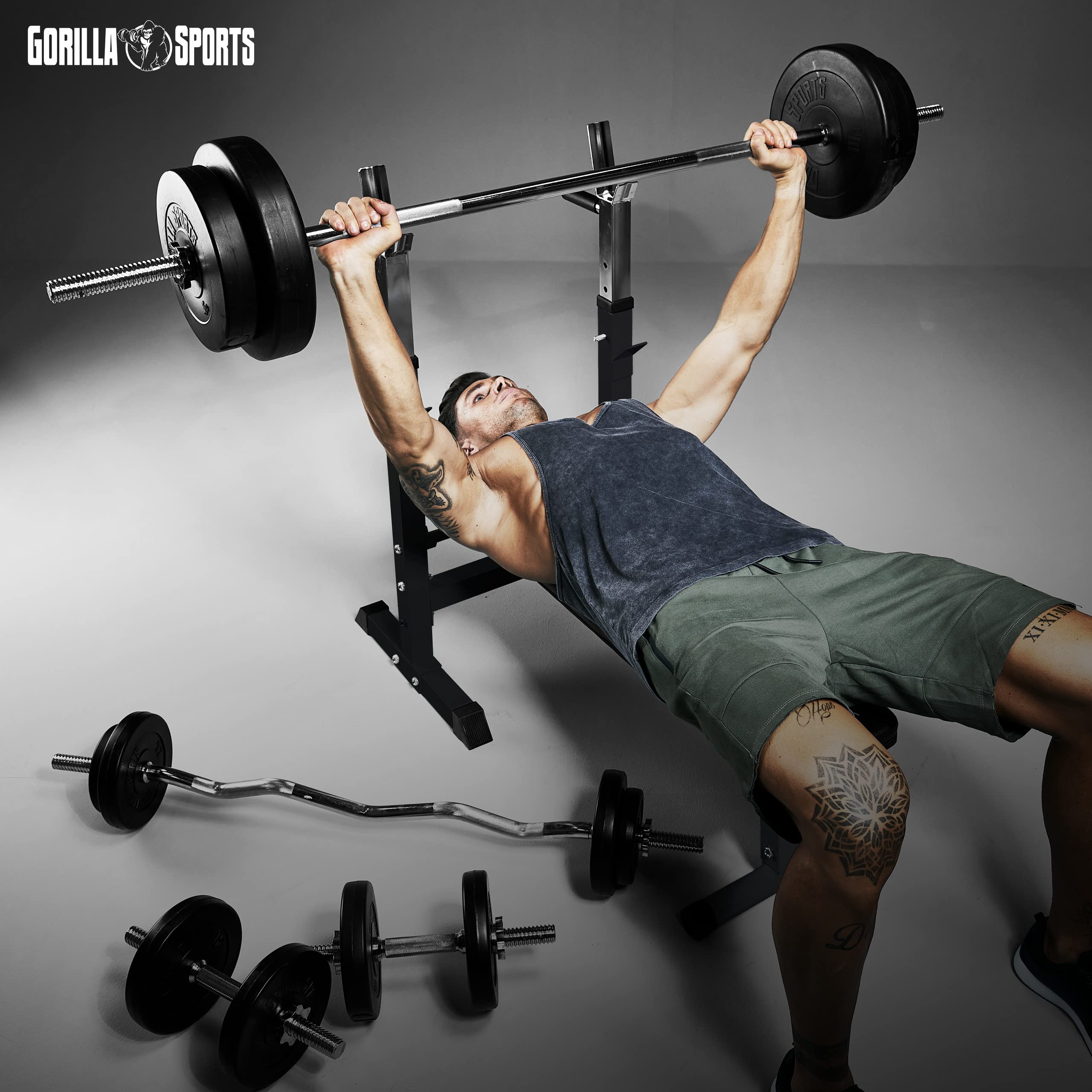 GORILLA SPORTS® Hantelbank - inkl. Hantelset 38/70/100kg, Ablage, Dip-Station, Höhenverstellbar, Klappbar, bis 200kg, Schwarz/Weiß - Trainingsbank mit Langhantelset, Drückerbank, Schrägbank, Flachbank